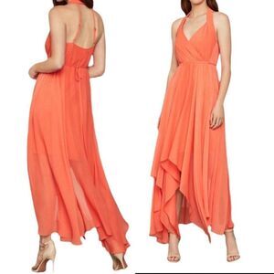 BCBGMAXAZRIA Chiffon Faux Wrap High Low Halter Dress Salmon XS